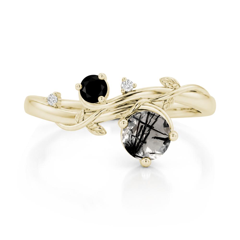 Toi Et Moi Two Stone Moissanite and Emerald Leaf Ring - LUO Jewelry #gemstone_Black Rutilated Quartz and Black Spinel