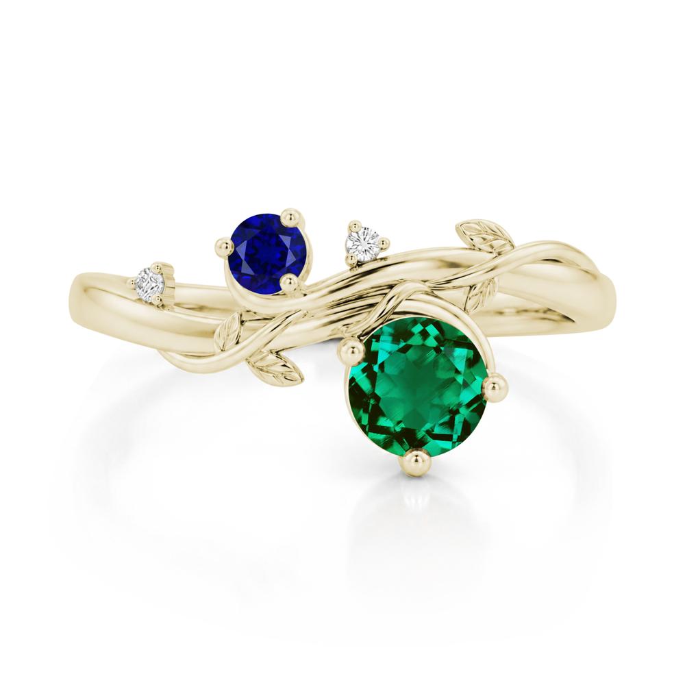Toi Et Moi Two Stone Moissanite and Emerald Leaf Ring - LUO Jewelry #gemstone_Emerald and Sapphire