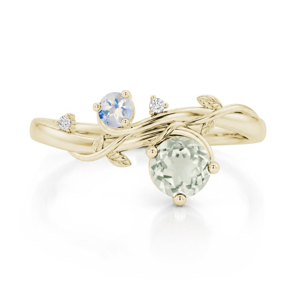 Toi Et Moi Two Stone Moissanite and Emerald Leaf Ring - LUO Jewelry #gemstone_Green Amethyst and Moonstone