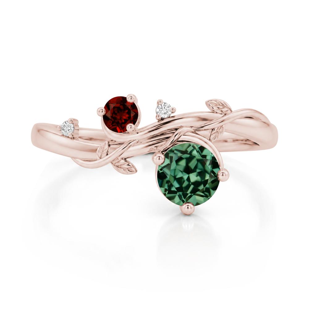 Toi Et Moi Two Stone Moissanite and Emerald Leaf Ring - LUO Jewelry #gemstone_Green Sapphire and Garnet