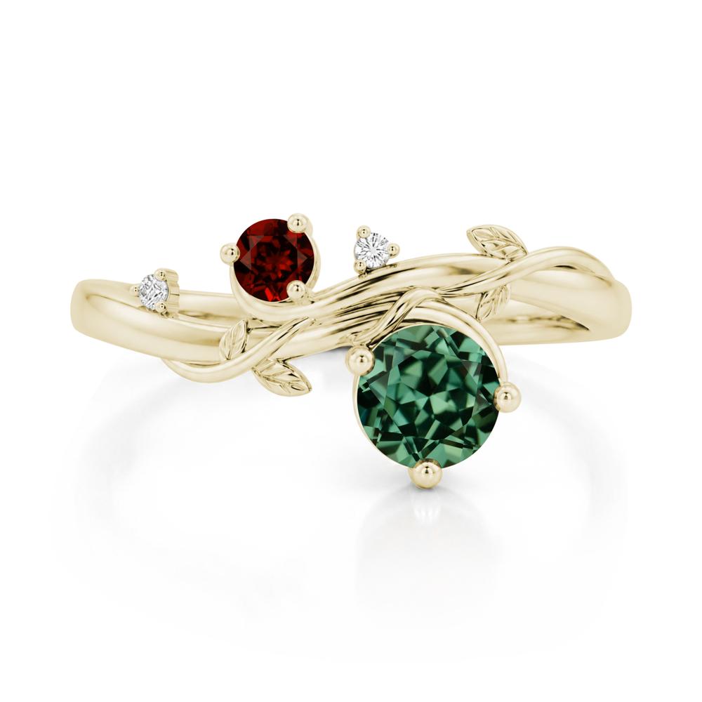 Toi Et Moi Two Stone Moissanite and Emerald Leaf Ring - LUO Jewelry #gemstone_Green Sapphire and Garnet