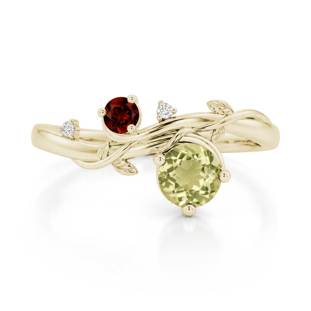 Toi Et Moi Two Stone Moissanite and Emerald Leaf Ring - LUO Jewelry #gemstone_Lemon Quartz and Garnet