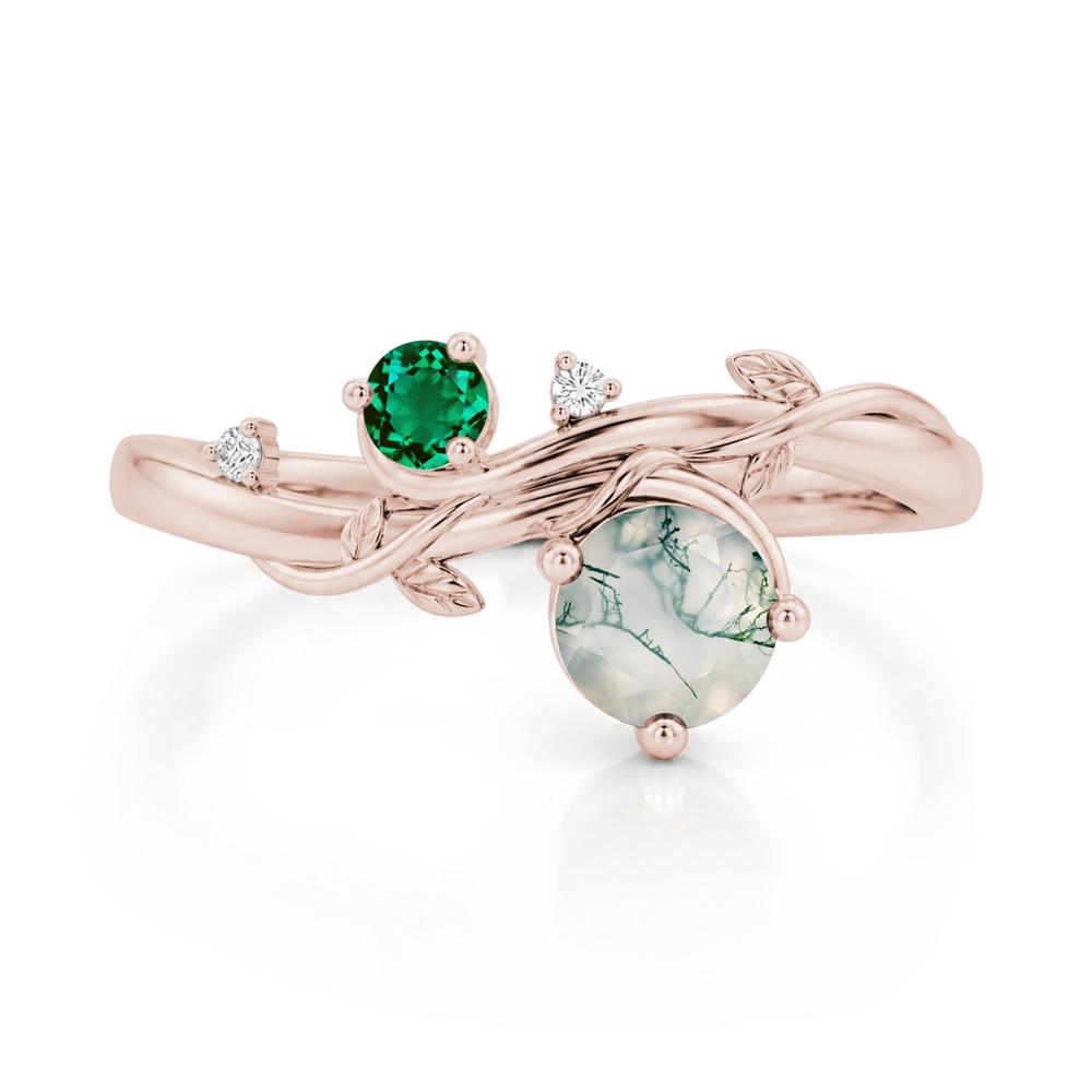 Toi Et Moi Two Stone Moissanite and Emerald Leaf Ring - LUO Jewelry #gemstone_Moss Agate and Emerald