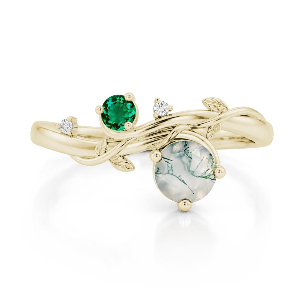 Toi Et Moi Two Stone Moissanite and Emerald Leaf Ring - LUO Jewelry #gemstone_Moss Agate and Emerald