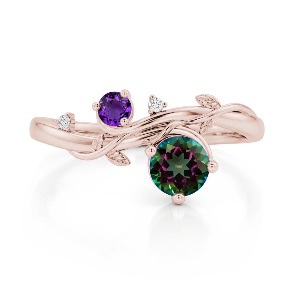 Toi Et Moi Two Stone Moissanite and Emerald Leaf Ring - LUO Jewelry #gemstone_Mystic Topaz and Amethyst