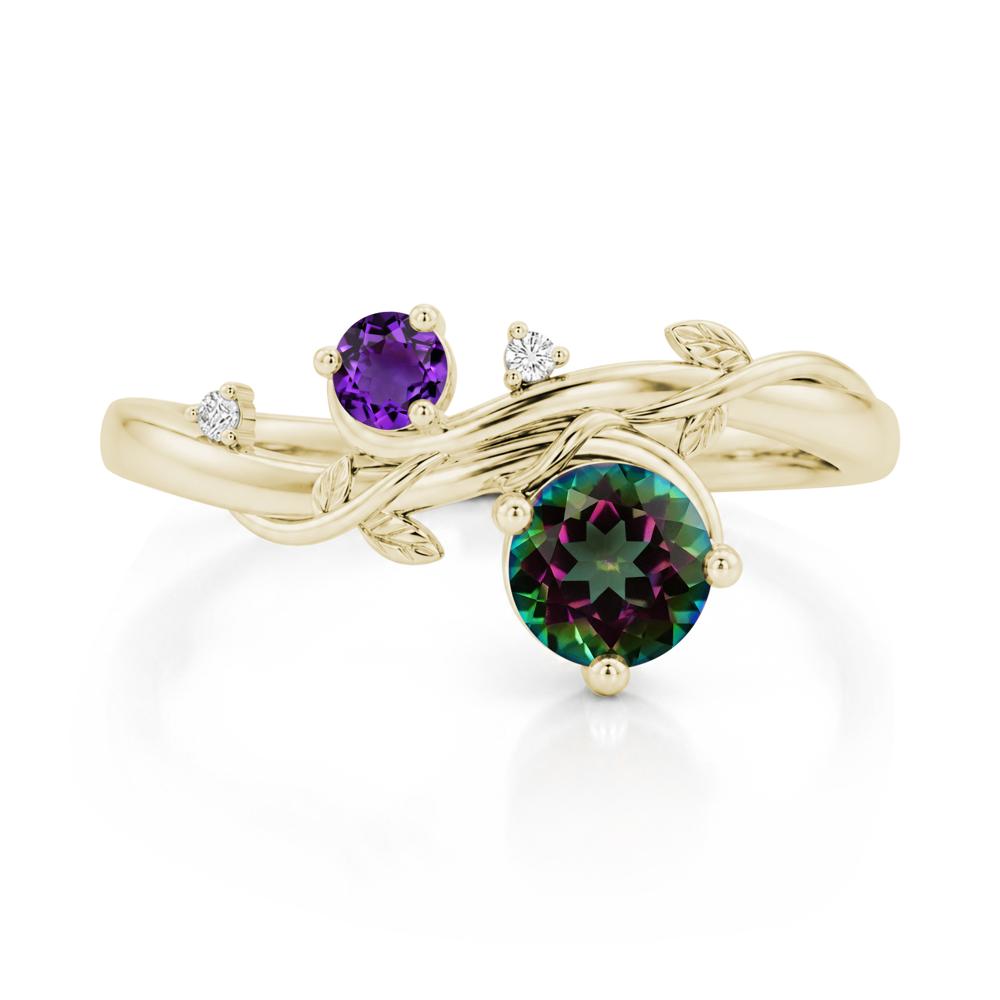 Toi Et Moi Two Stone Moissanite and Emerald Leaf Ring - LUO Jewelry #gemstone_Mystic Topaz and Amethyst