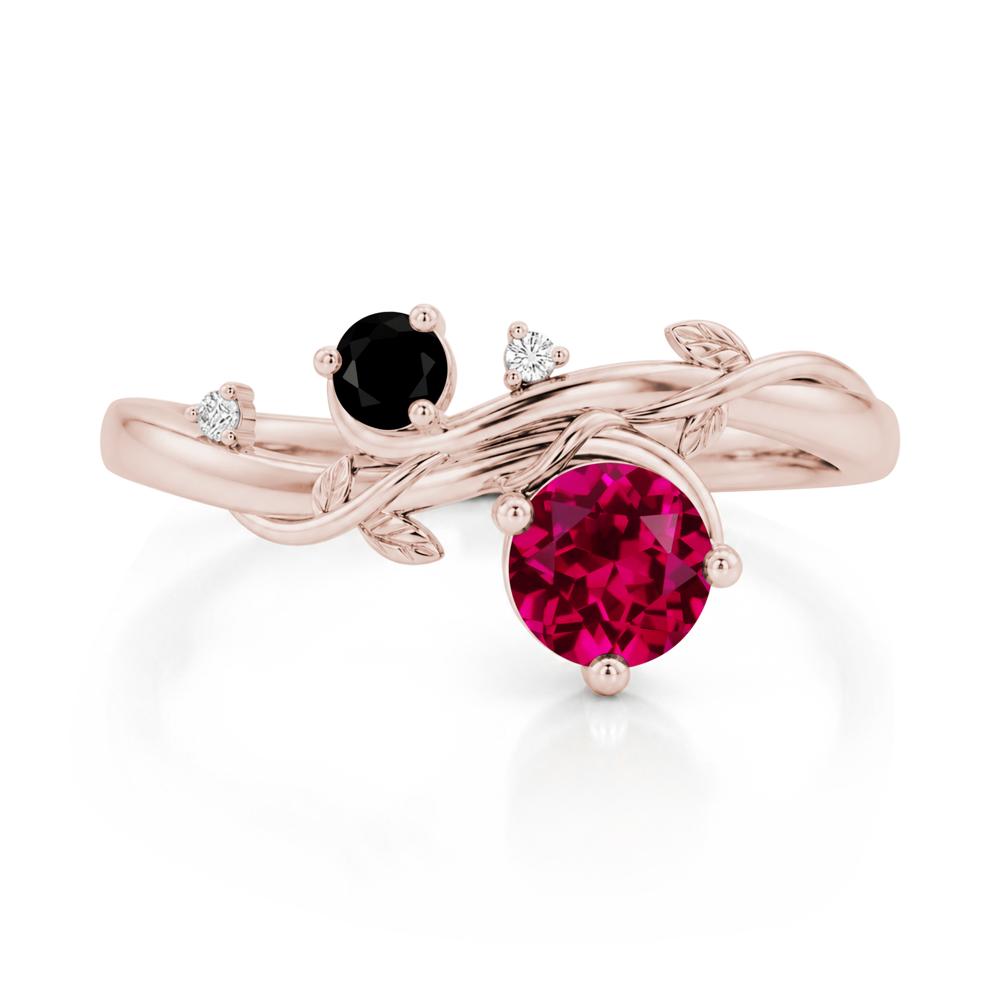 Toi Et Moi Two Stone Moissanite and Emerald Leaf Ring - LUO Jewelry #gemstone_Ruby and Black Spinel