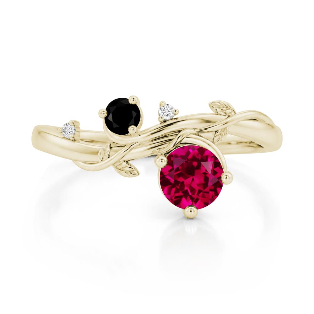 Toi Et Moi Two Stone Moissanite and Emerald Leaf Ring - LUO Jewelry #gemstone_Ruby and Black Spinel