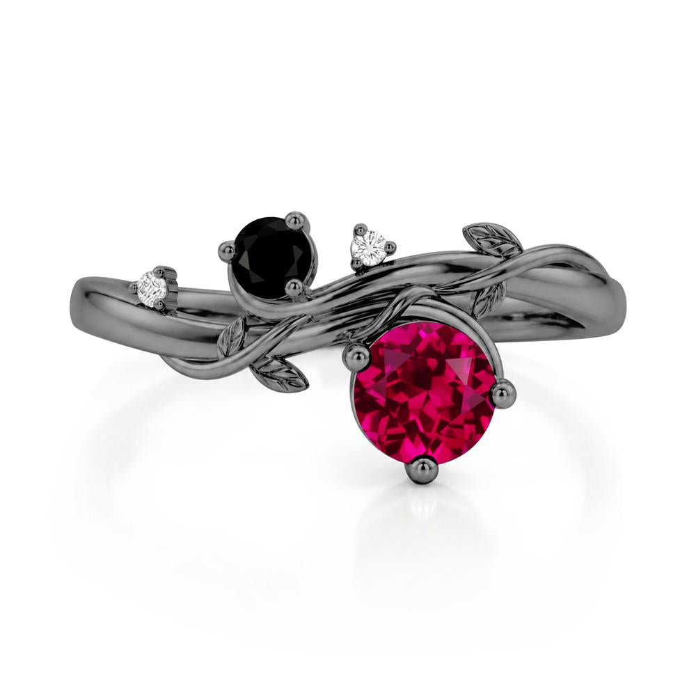 Toi Et Moi Two Stone Moissanite and Emerald Leaf Ring - LUO Jewelry #gemstone_Ruby and Black Spinel