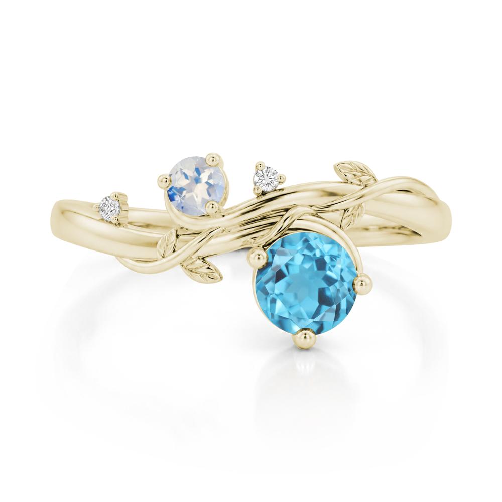 Toi Et Moi Two Stone Moissanite and Emerald Leaf Ring - LUO Jewelry #gemstone_Swiss Blue Topaz and Moonstone
