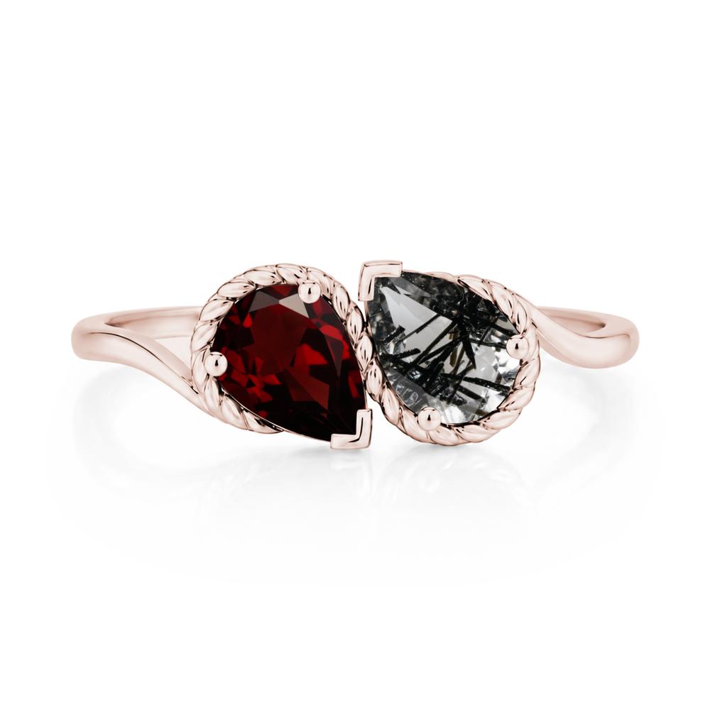Pear Cut Emerald and Swiss Blue Topaz Twisted Toi Et Moi Ring - LUO Jewelry #gemstone_Black Rutilated Quartz and Garnet