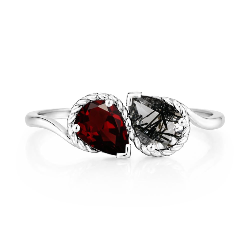 Pear Cut Emerald and Swiss Blue Topaz Twisted Toi Et Moi Ring - LUO Jewelry #gemstone_Black Rutilated Quartz and Garnet