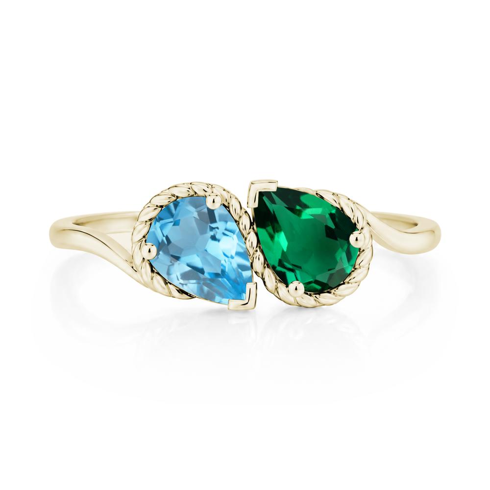 Pear Cut Emerald and Swiss Blue Topaz Twisted Toi Et Moi Ring - LUO Jewelry #gemstone_Emerald and Swiss Blue Topaz