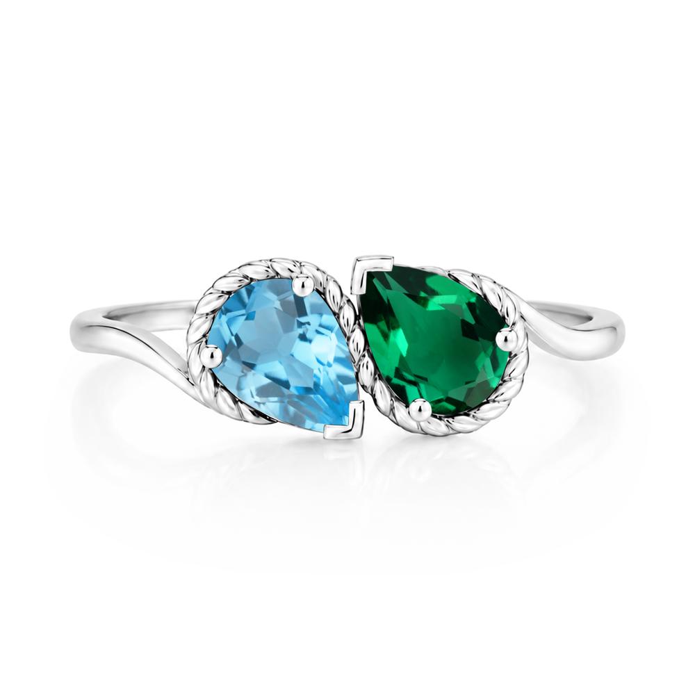 Pear Cut Emerald and Swiss Blue Topaz Twisted Toi Et Moi Ring - LUO Jewelry #gemstone_Emerald and Swiss Blue Topaz
