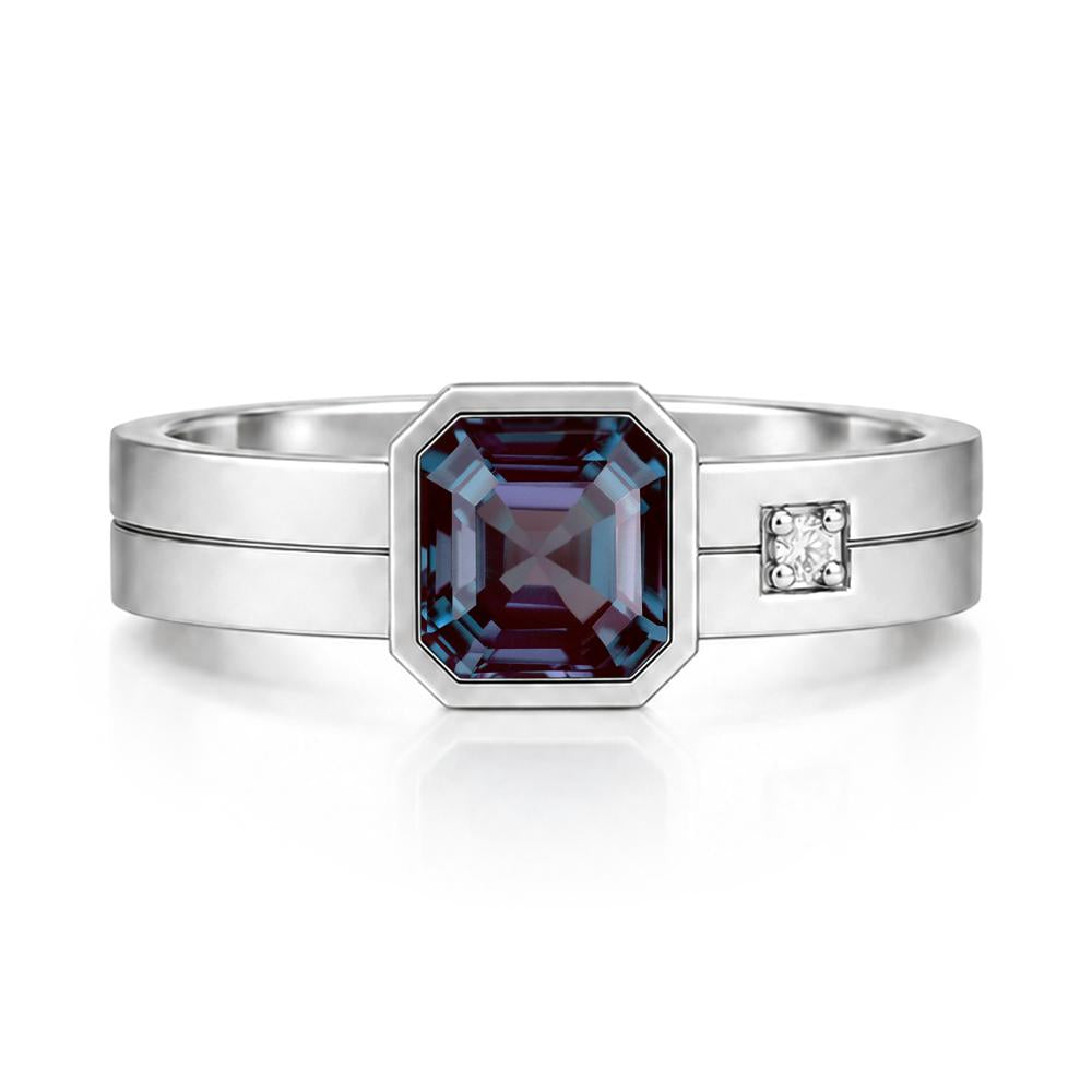 Bezel Setting Asscher Cut Emerald Mens Ring - LUO Jewelry #gemstone_Alexandrite