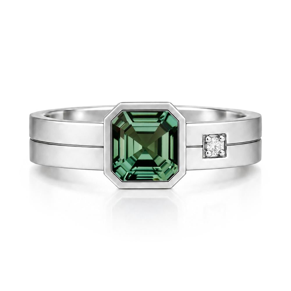 Bezel Setting Asscher Cut Emerald Mens Ring - LUO Jewelry #gemstone_Green Sapphire