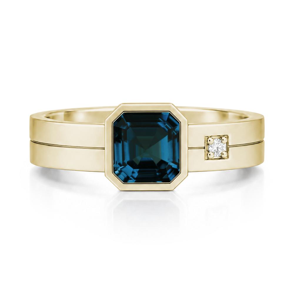 Bezel Setting Asscher Cut Emerald Mens Ring - LUO Jewelry #gemstone_London Blue Topaz