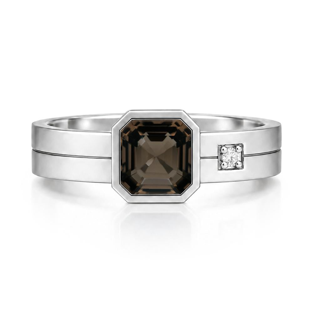 Bezel Setting Asscher Cut Emerald Mens Ring - LUO Jewelry #gemstone_Smoky Quartz