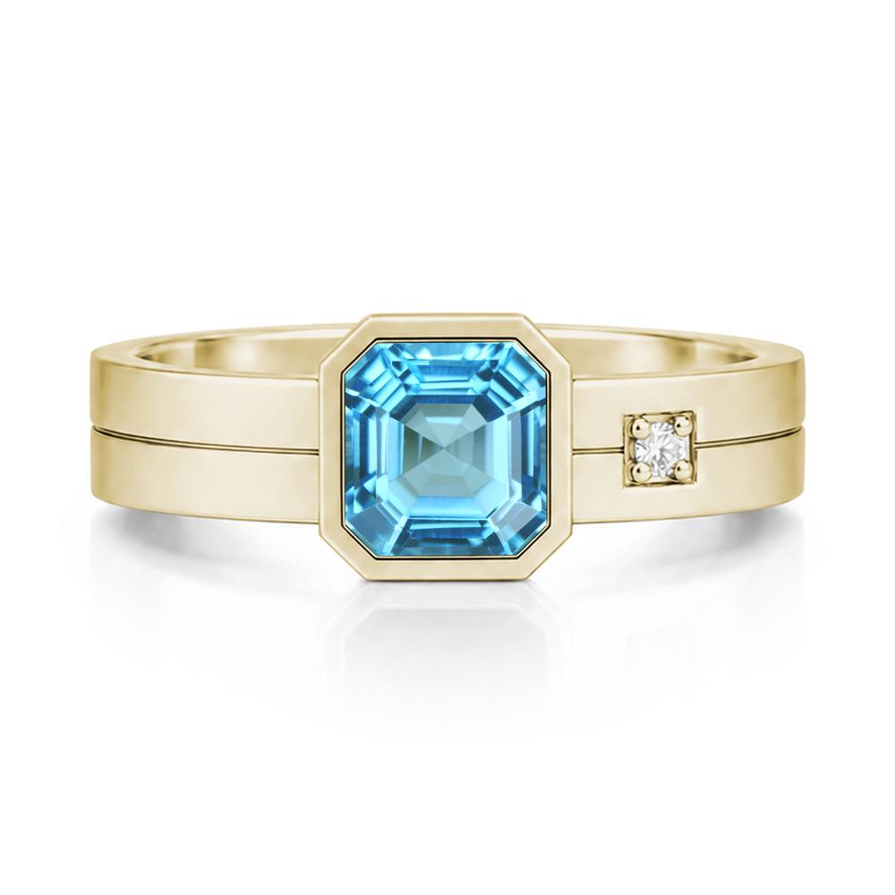 Bezel Setting Asscher Cut Emerald Mens Ring - LUO Jewelry #gemstone_Swiss Blue Topaz