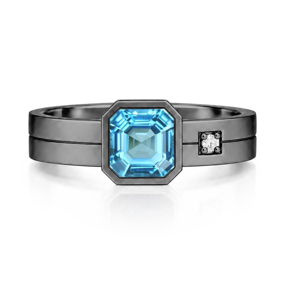 Bezel Setting Asscher Cut Emerald Mens Ring - LUO Jewelry #gemstone_Swiss Blue Topaz