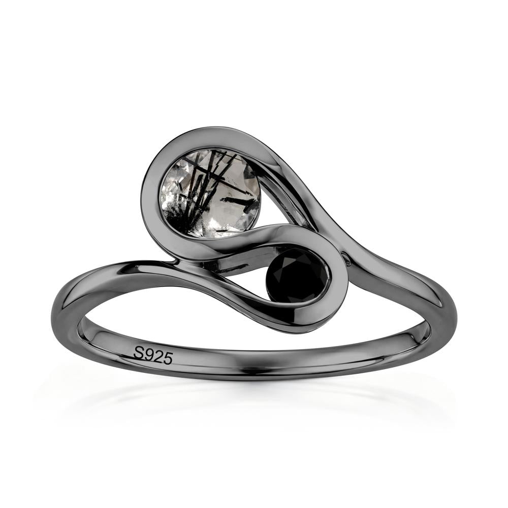 Two Stone Toi Et Moi Green Sapphire and Emerald Bypass Ring - LUO Jewelry #gemstone_Black Rutilated Quartz and Black Spinel