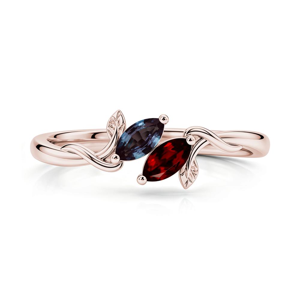 Bypass Leaf Toi Et Moi Rose Quartz and Ruby Ring - LUO Jewelry #gemstone_Alexandrite and Garnet