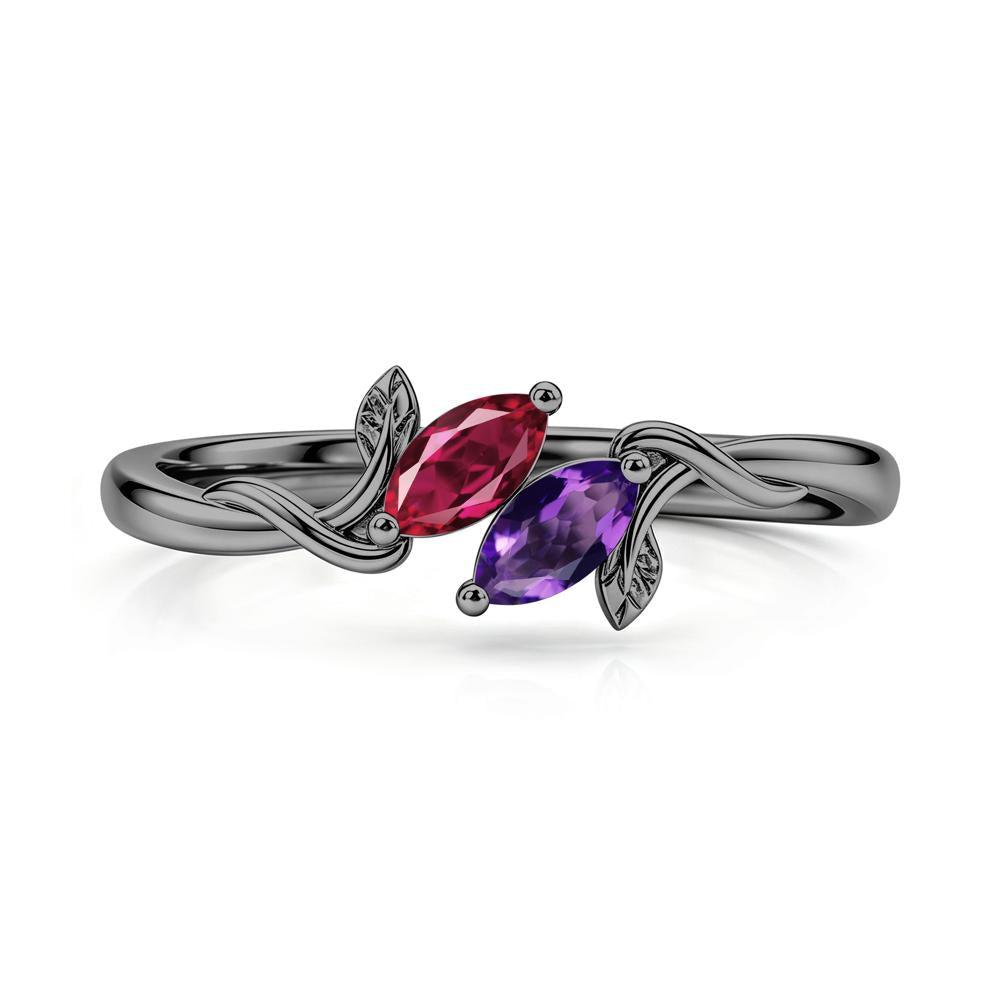 Bypass Leaf Toi Et Moi Rose Quartz and Ruby Ring - LUO Jewelry #gemstone_Amethyst and Ruby