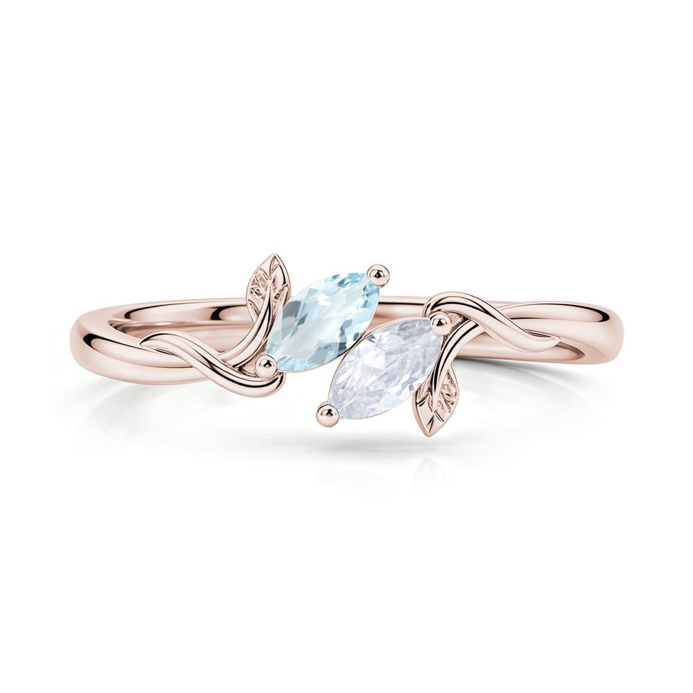 Bypass Leaf Toi Et Moi Rose Quartz and Ruby Ring - LUO Jewelry #gemstone_Aquamarine and Cubic Zirconia