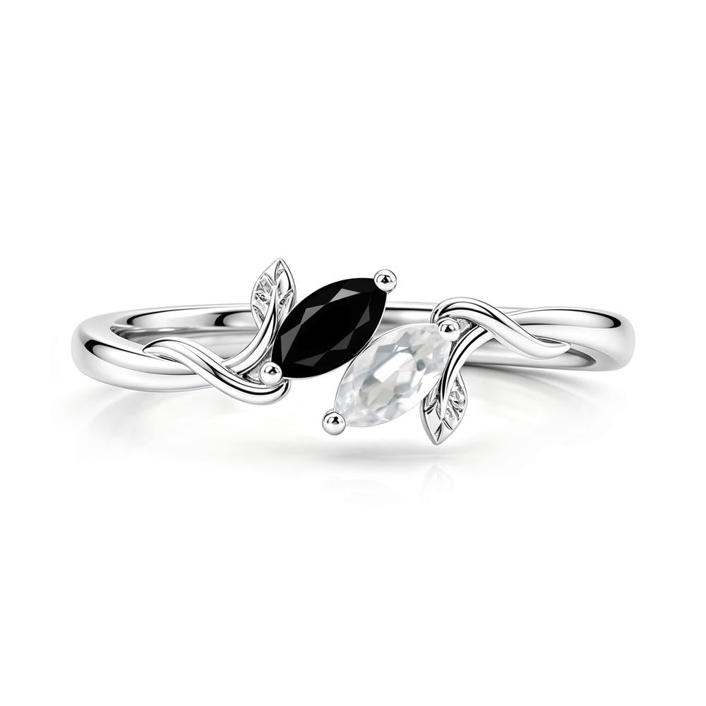 Bypass Leaf Toi Et Moi Rose Quartz and Ruby Ring - LUO Jewelry #gemstone_Black Spinel and White Topaz