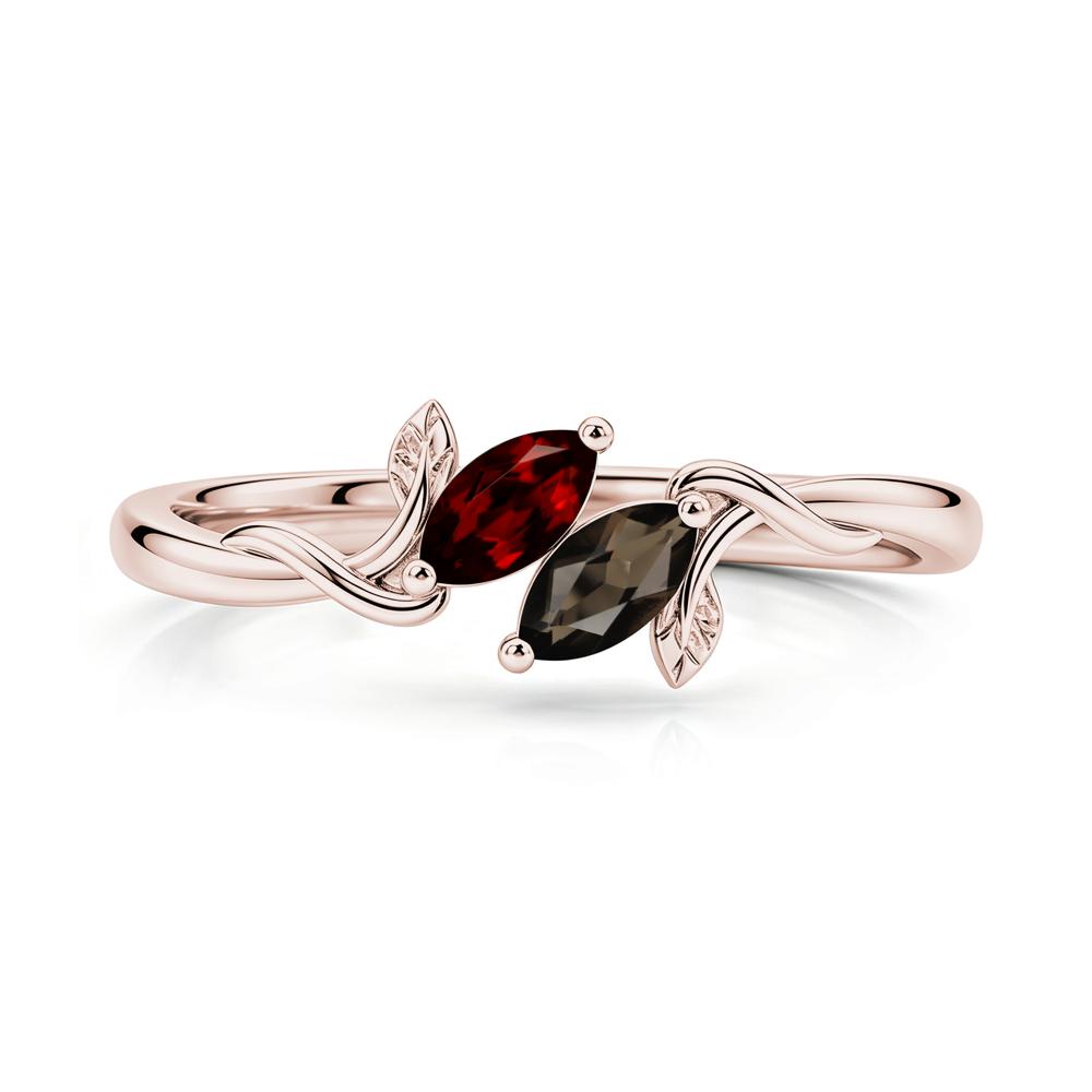 Bypass Leaf Toi Et Moi Rose Quartz and Ruby Ring - LUO Jewelry #gemstone_Garnet and Smoky Quartz