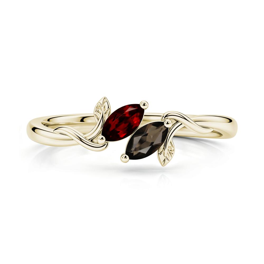 Bypass Leaf Toi Et Moi Rose Quartz and Ruby Ring - LUO Jewelry #gemstone_Garnet and Smoky Quartz
