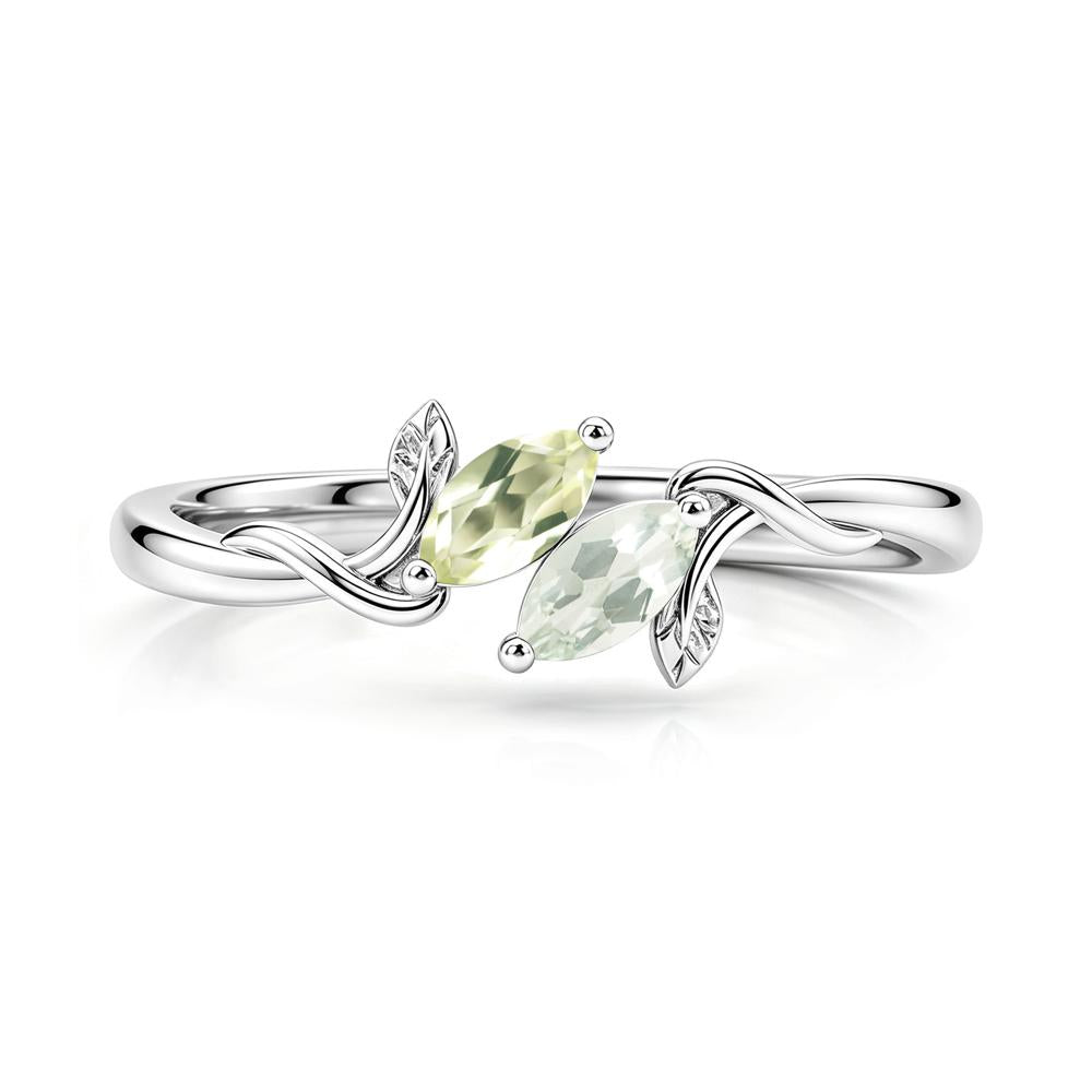 Bypass Leaf Toi Et Moi Rose Quartz and Ruby Ring - LUO Jewelry #gemstone_Green Amethyst and Lemon Quartz