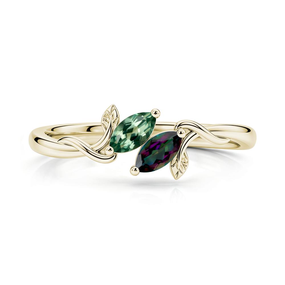 Bypass Leaf Toi Et Moi Rose Quartz and Ruby Ring - LUO Jewelry #gemstone_Green Sapphire and Mystic Topaz