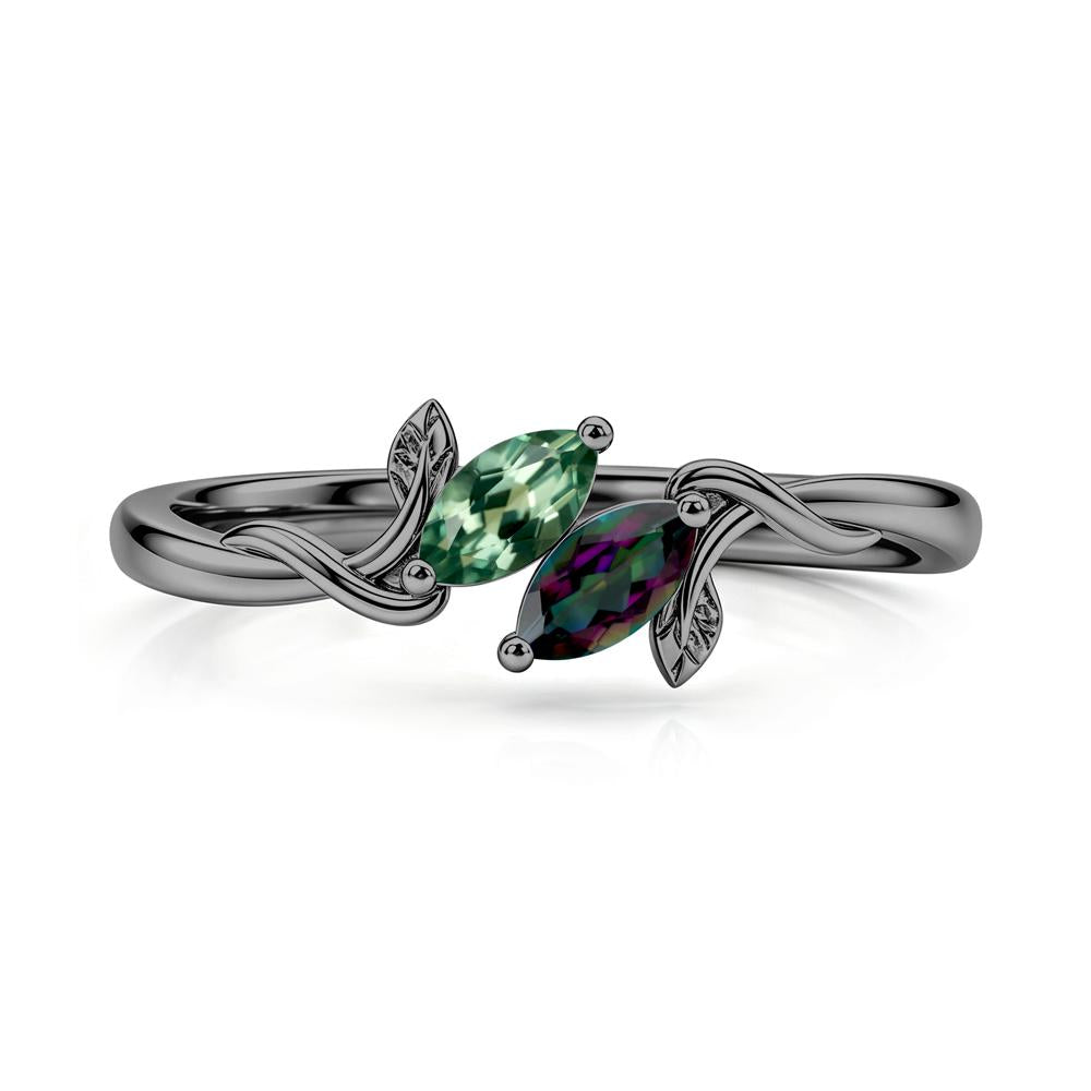 Bypass Leaf Toi Et Moi Rose Quartz and Ruby Ring - LUO Jewelry #gemstone_Green Sapphire and Mystic Topaz