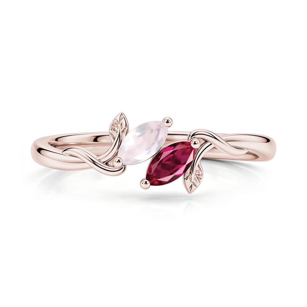 Bypass Leaf Toi Et Moi Rose Quartz and Ruby Ring - LUO Jewelry #gemstone_Rose Quartz and Ruby