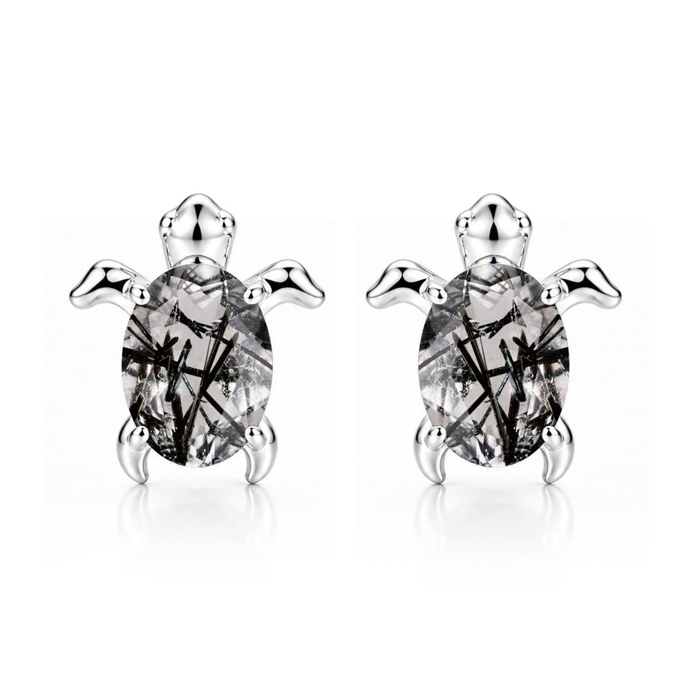Oval Shaped Sapphire Turtle Stud Earrings - LUO Jewelry #gemstone_Black Rutilated Quartz