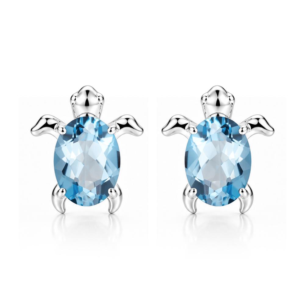 Oval Shaped Sapphire Turtle Stud Earrings - LUO Jewelry #gemstone_Swiss Blue Topaz