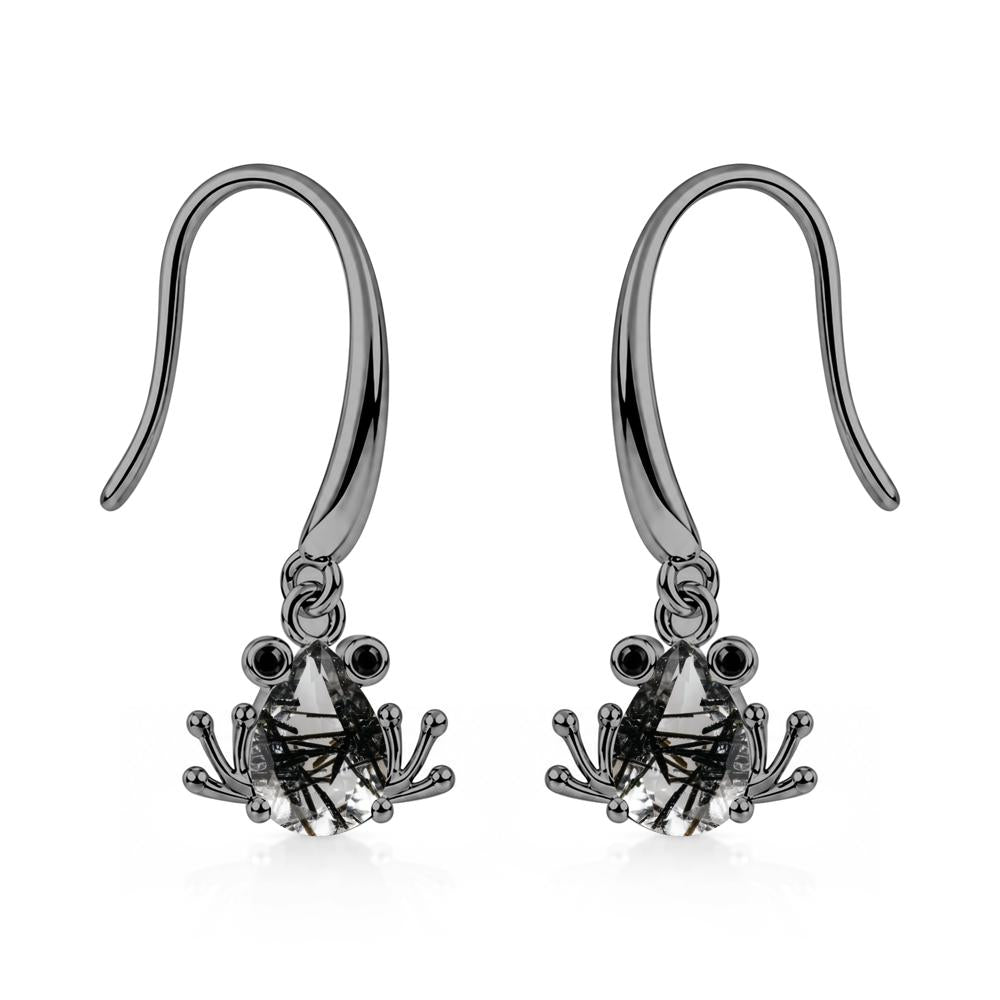 Pear Cut Aquamarine and Black Spinel Frog Hook Earrings - LUO Jewelry #gemstone_Black Rutilated Quartz and Black Spinel