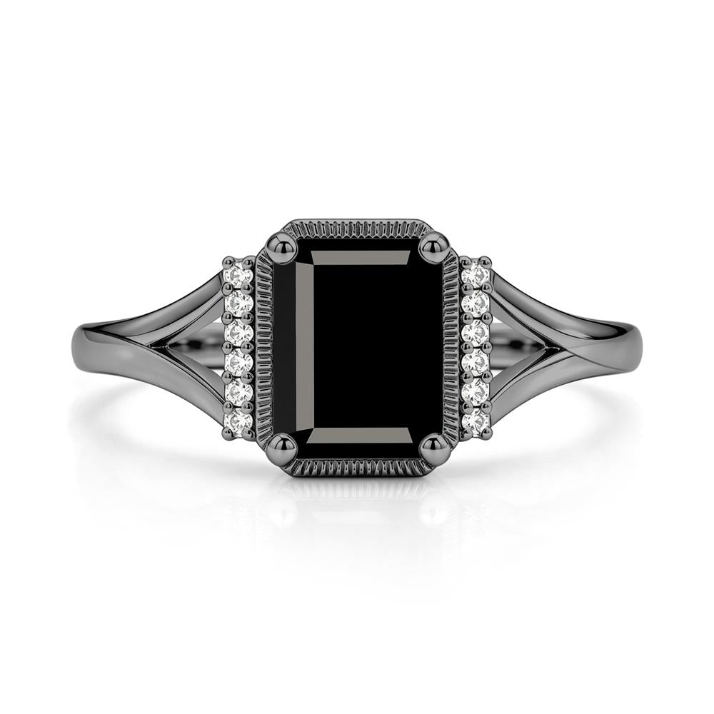 Split Shank Emerald Cut Black Spinel Milgrain Ring - LUO Jewelry #gemstone_Black Spinel