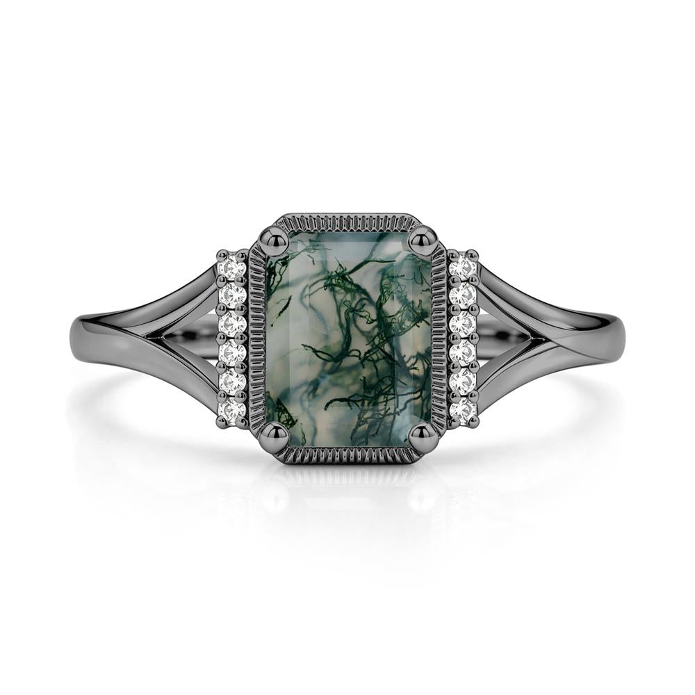 Split Shank Emerald Cut Black Spinel Milgrain Ring - LUO Jewelry #gemstone_Moss Agate