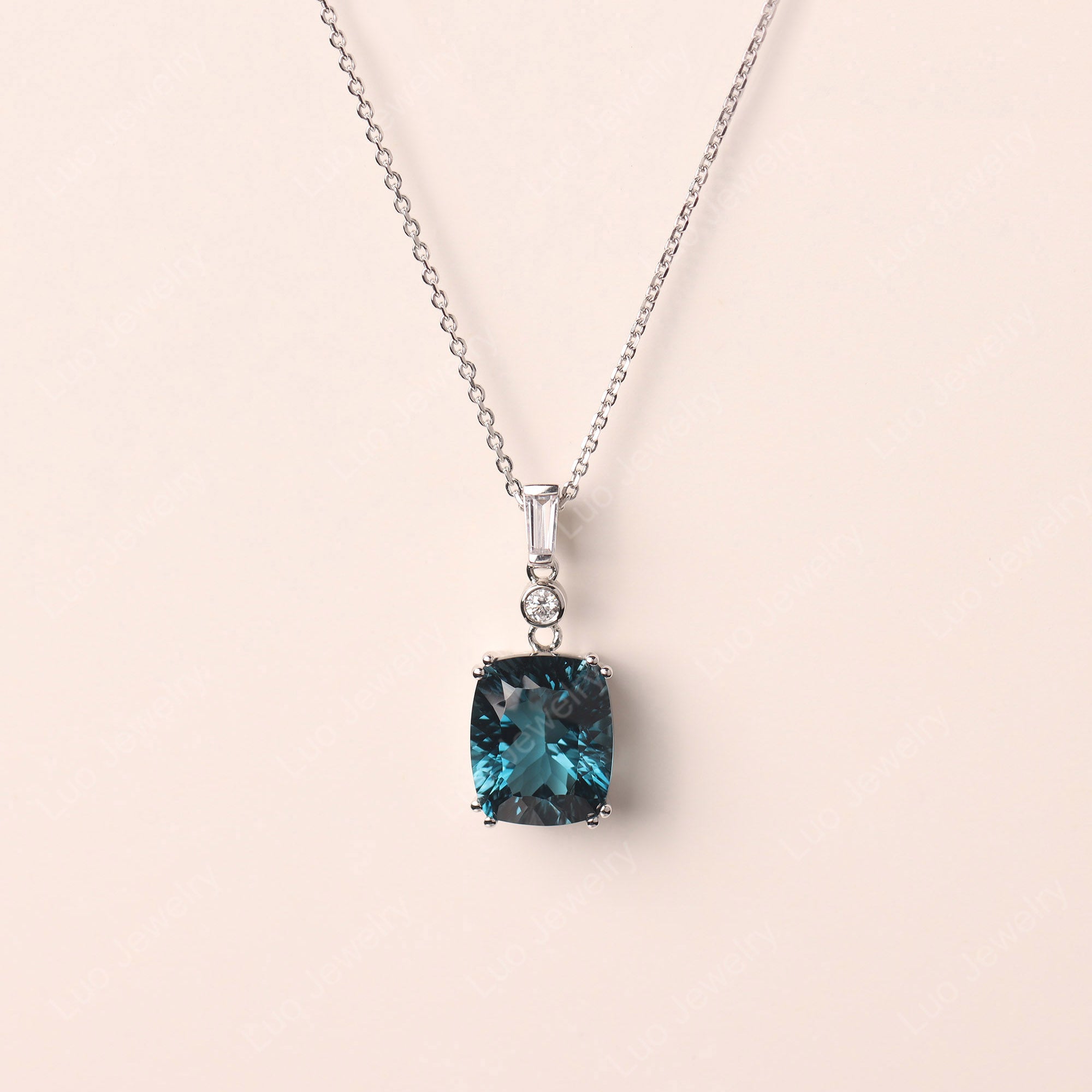 Double Claw Prong Elongated Cushion Cut London Blue Topaz Pendant