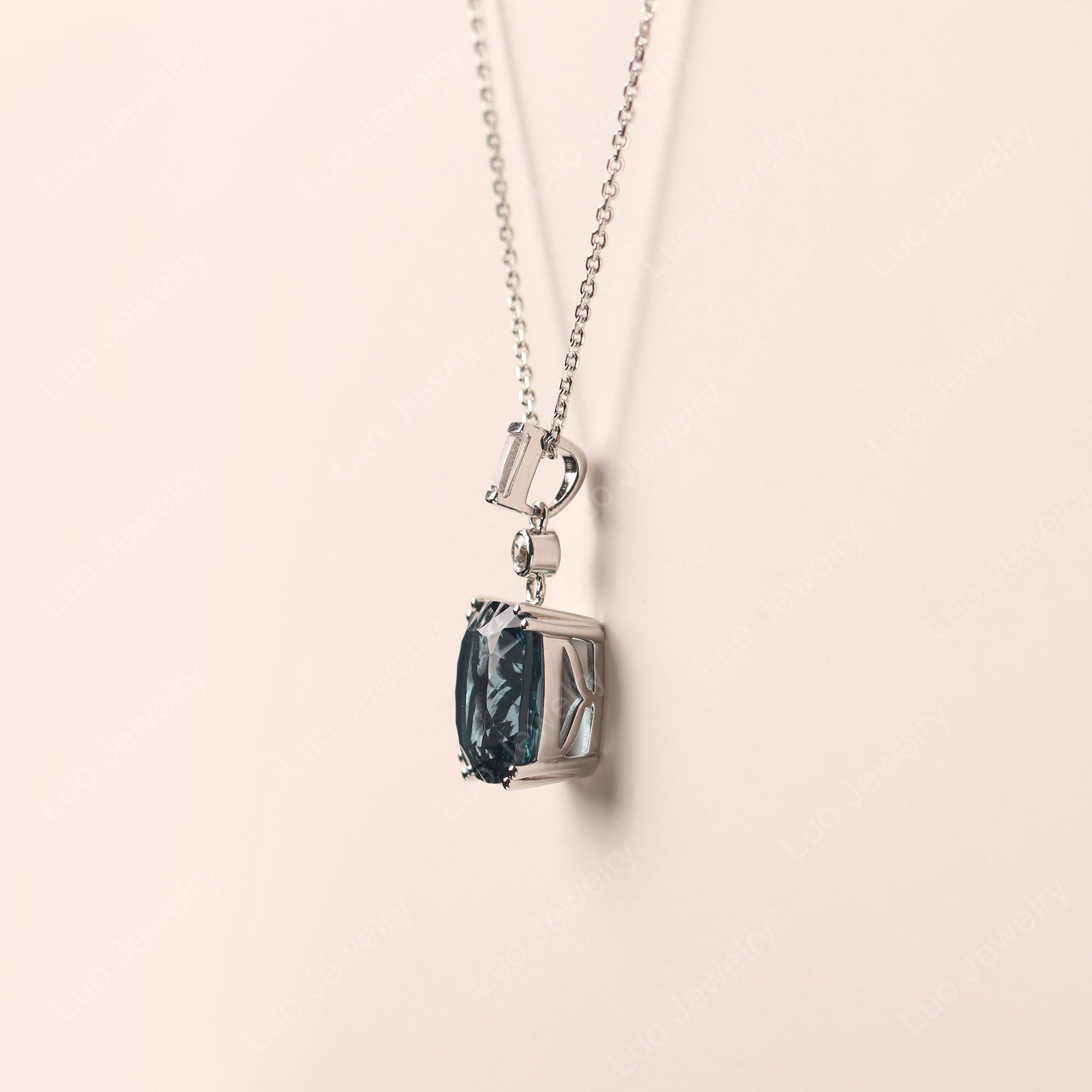 Double Claw Prong Elongated Cushion Cut London Blue Topaz Pendant