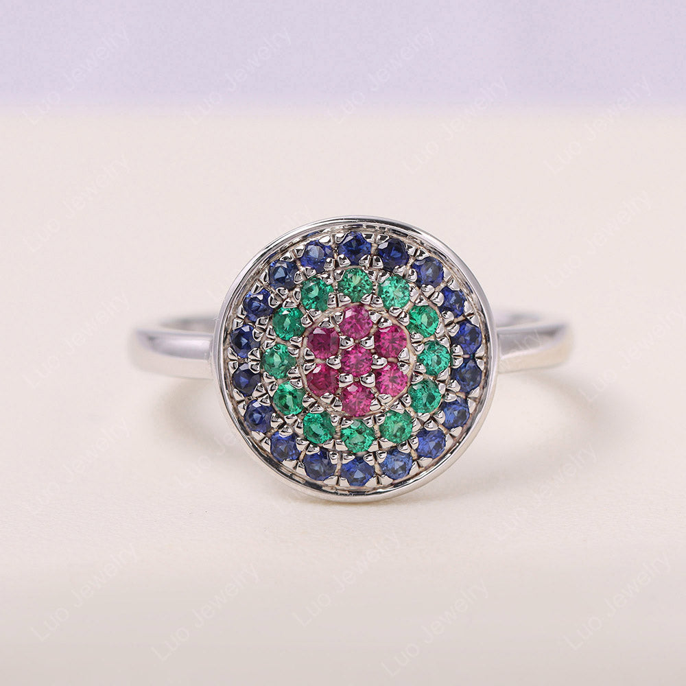 Round Halo Emerald And Ruby And Sapphire Pave Ring