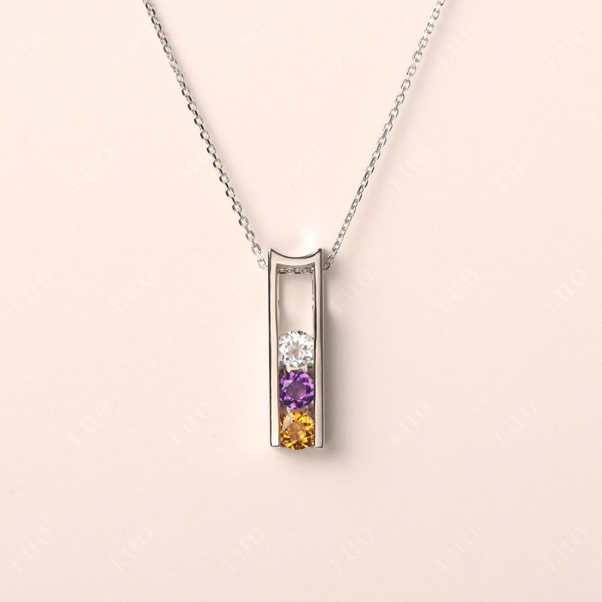 Amethyst and Citrine and White Topaz Three Stone Necklace