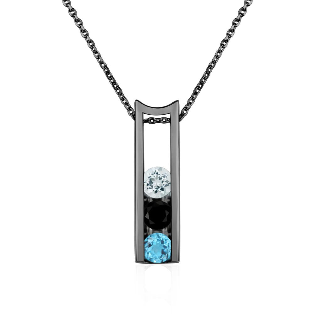 Aquamarine and Black Spinel and Swiss Blue Topaz 3 Stones Mothers Necklace - LUO Jewelry #metal_black finish sterling silver