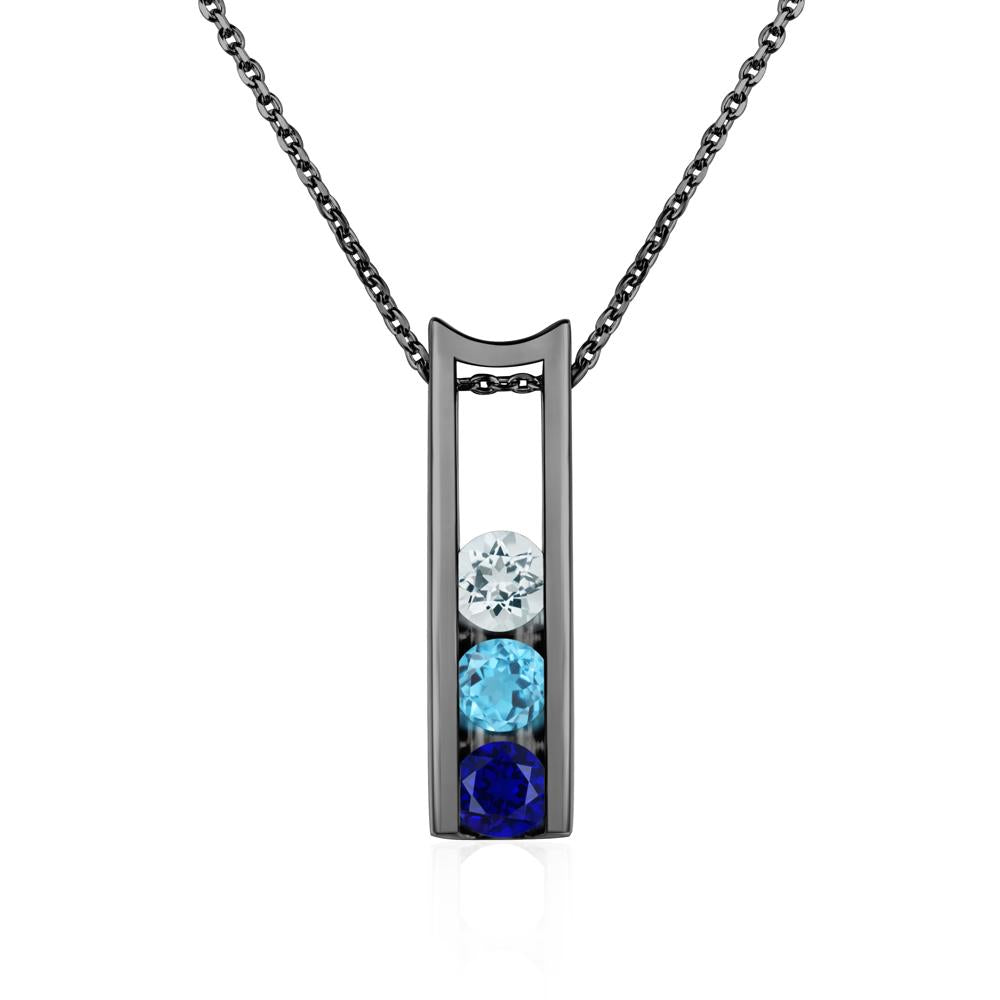 Aquamarine and Cubic Zirconia and Sapphire Three Stone Necklace - LUO Jewelry #metal_black finish sterling silver