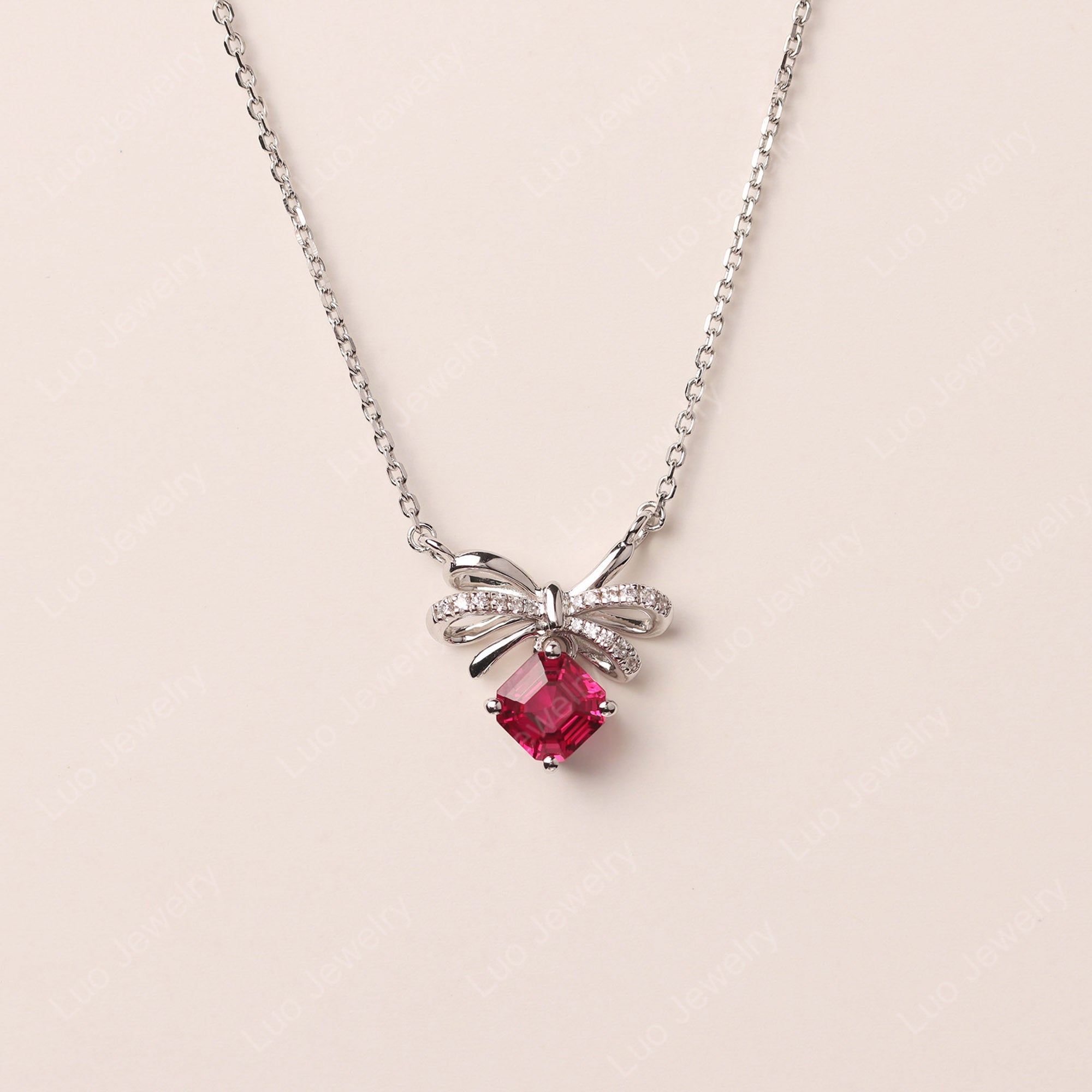 Asscher Cut Ruby Bowknot Necklace