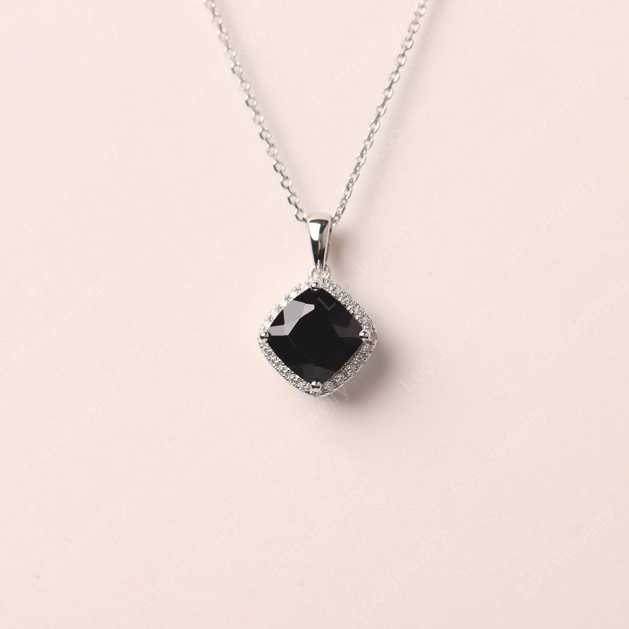 Cushion Halo Kite Set Black Spinel Necklace