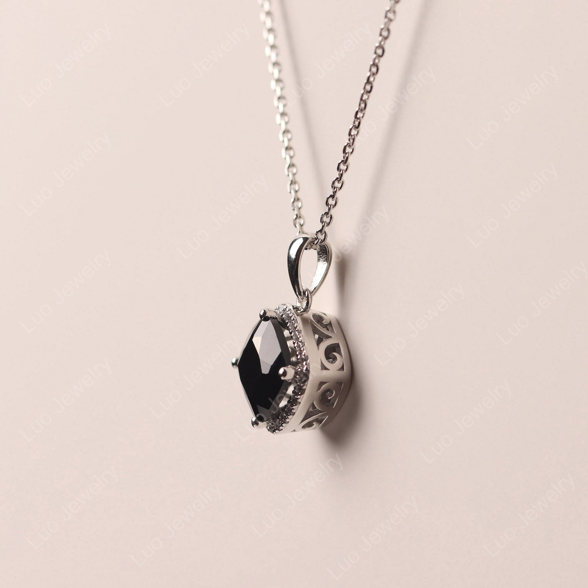 Cushion Halo Kite Set Black Spinel Necklace