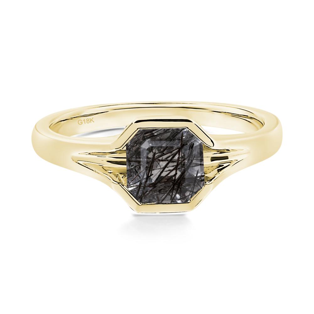 Black Rutilated Quartz Bezel Solitaire Ring - LUO Jewelry #metal_18k yellow gold